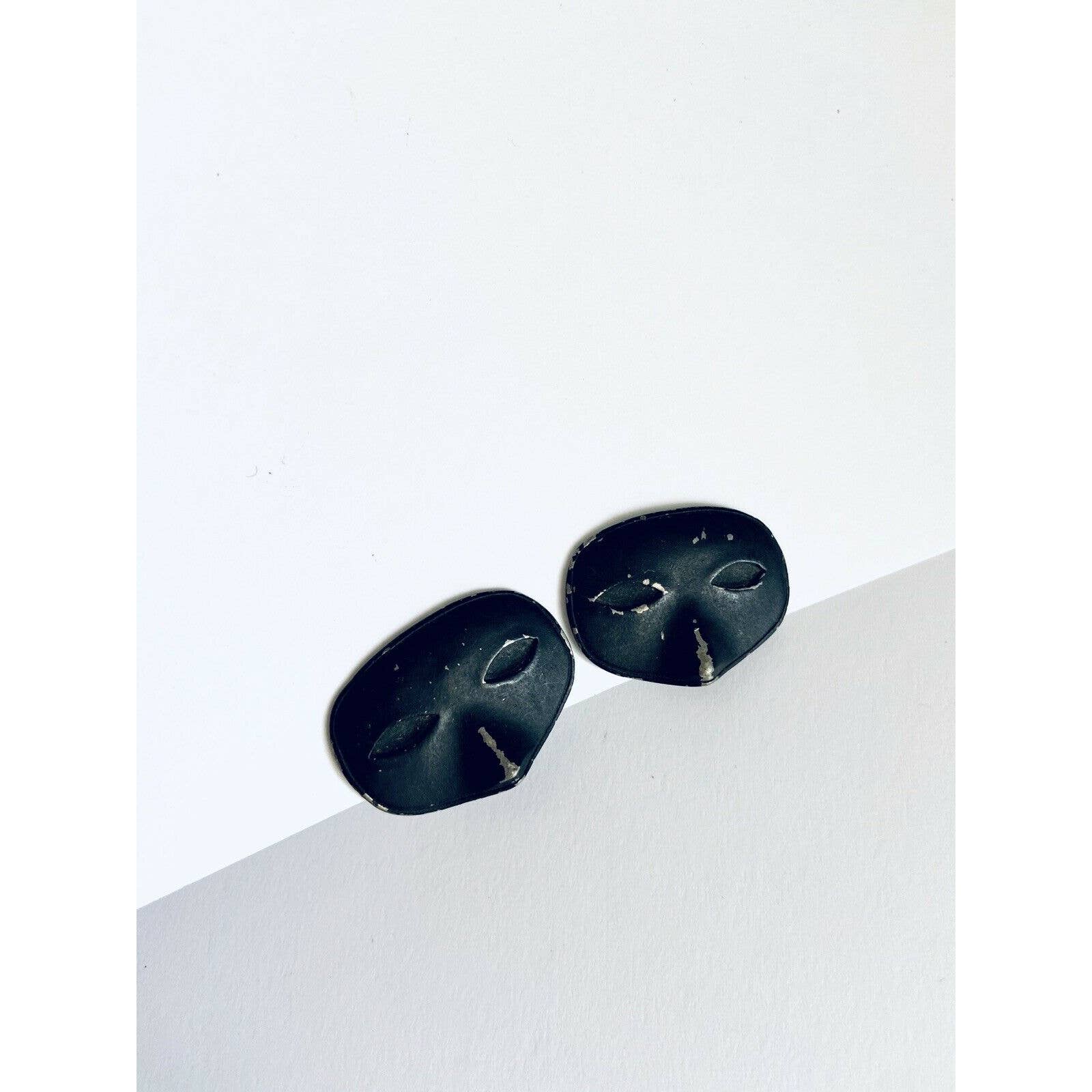 Vtg Estate Black Mask Clip On Earrings